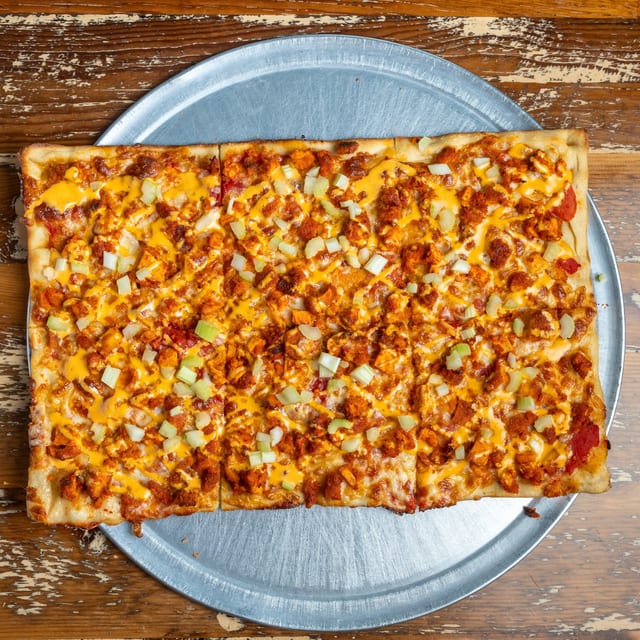 Buffalo Chicken Gourmet Sicilian Pizza.